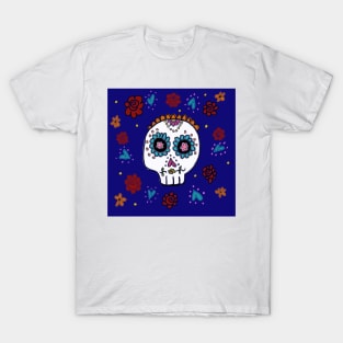 Sugar Skull and Roses blue background T-Shirt